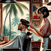 a woman is getting her hair cut in a barber shop